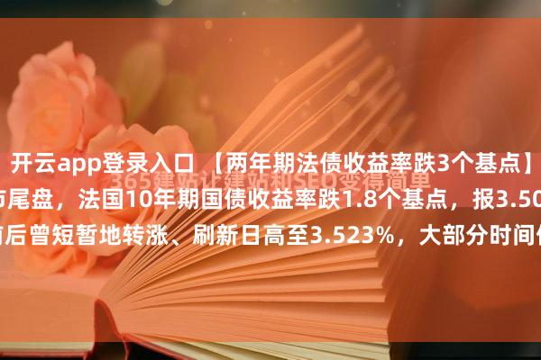 开云app登录入口 【两年期法债收益率跌3个基点】周一(1月19日)欧市尾盘,法国10年期国债收益率跌1.8个基点,报3.500%,北京时间17:00前后曾短暂地转涨、刷新日高至3.523%,大部分时间保持微幅下跌状态、持稳于3.510%附近,22:00过后持续扩大跌幅,23:41刷新日低至3.484%。两...
